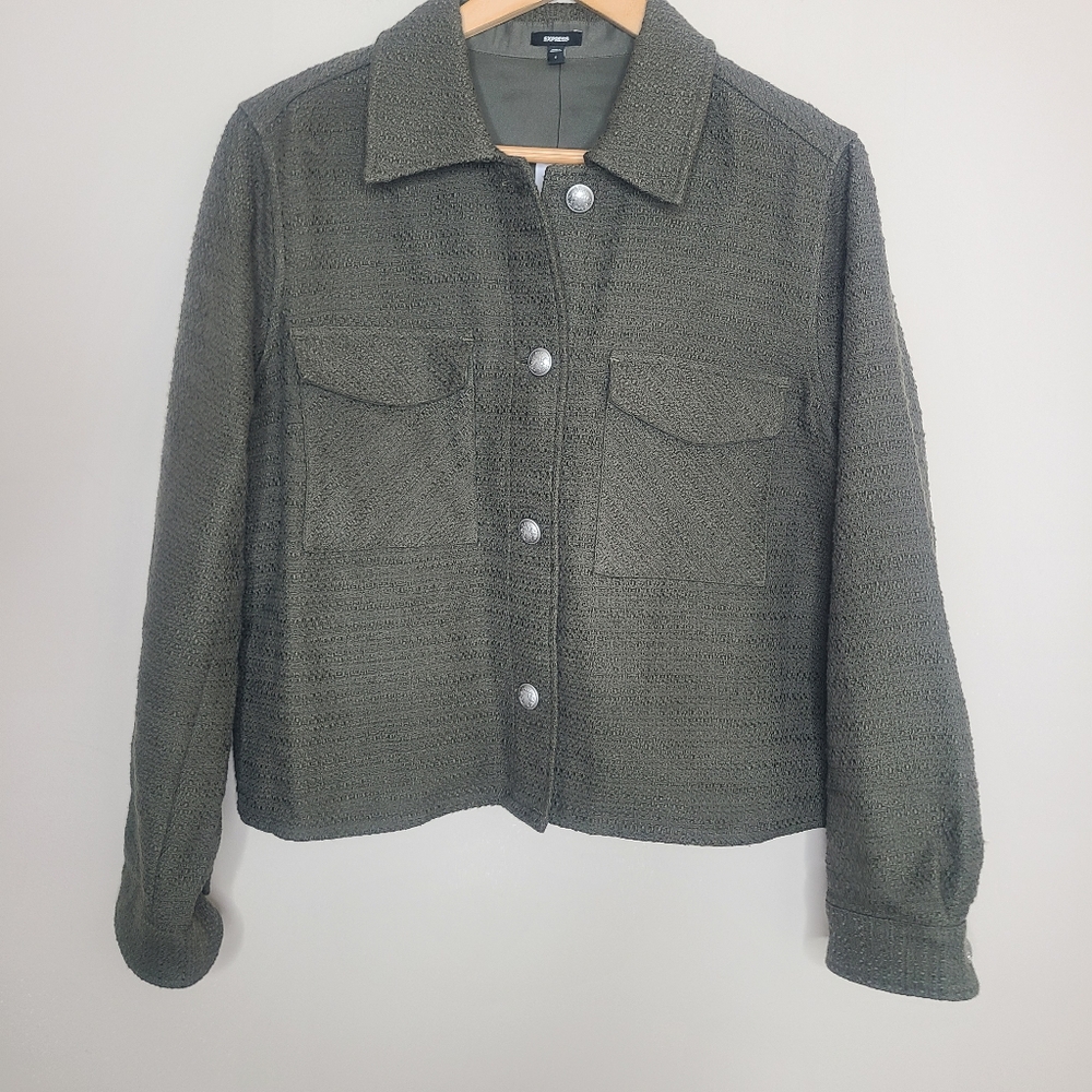 Express Boucle Tweed Button Cropped Shacket Jacket Olive Green Size Large - Picture 3 of 7